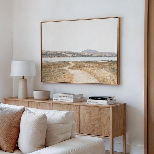 Canvas framed photo of: Tomales Bay 7149 displayed above a couch in a modern living room.