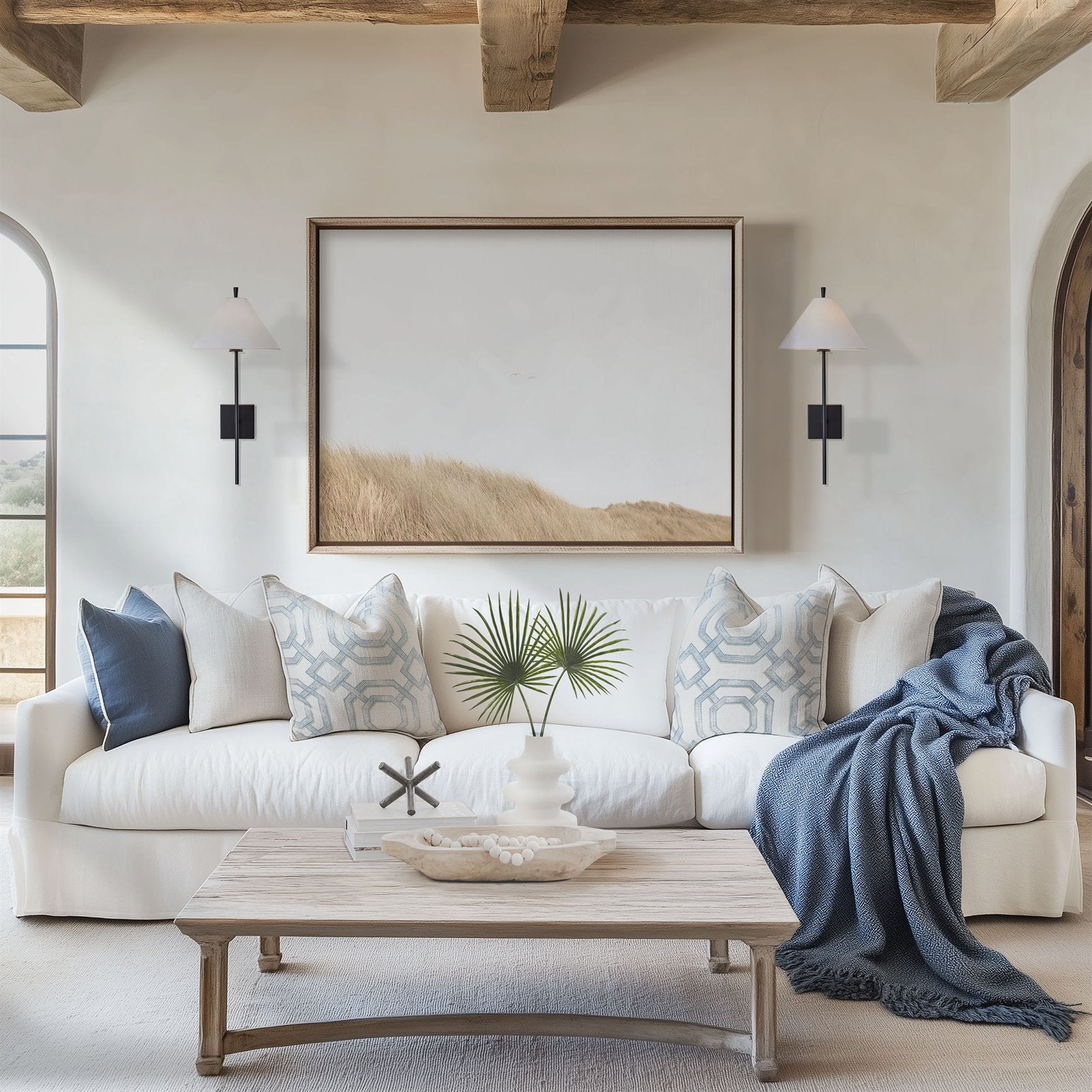 Framed photo of: Salmon Creek Beach 7602 displayed on a coastal living room wall above a couch.