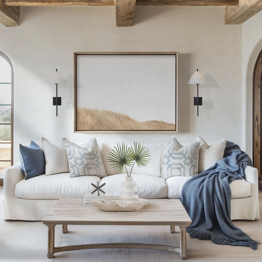 Framed photo of: Salmon Creek Beach 7602 displayed on a coastal living room wall above a couch.