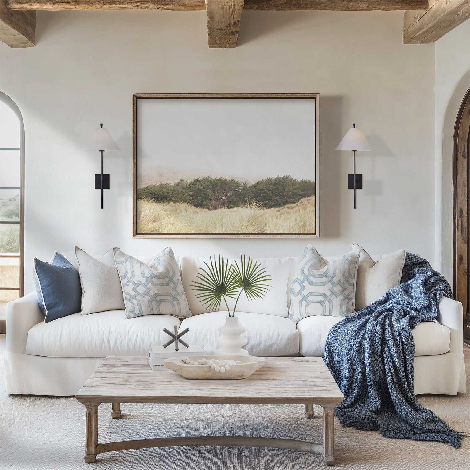 Framed photo of: Bodega Bay 7617 displayed in a coastal living room above a couch.