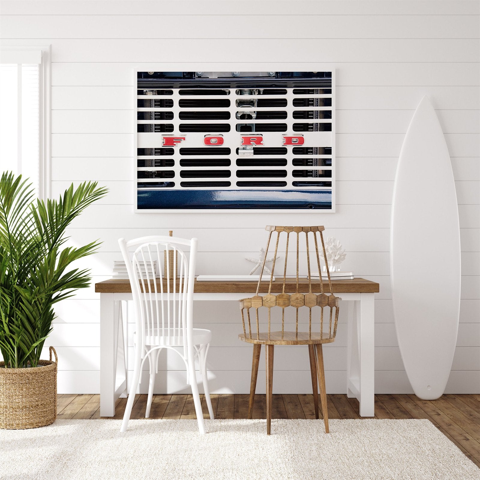 Framed photo of: Ford 8030 displayed on a wall above a desk in a surf theme room.