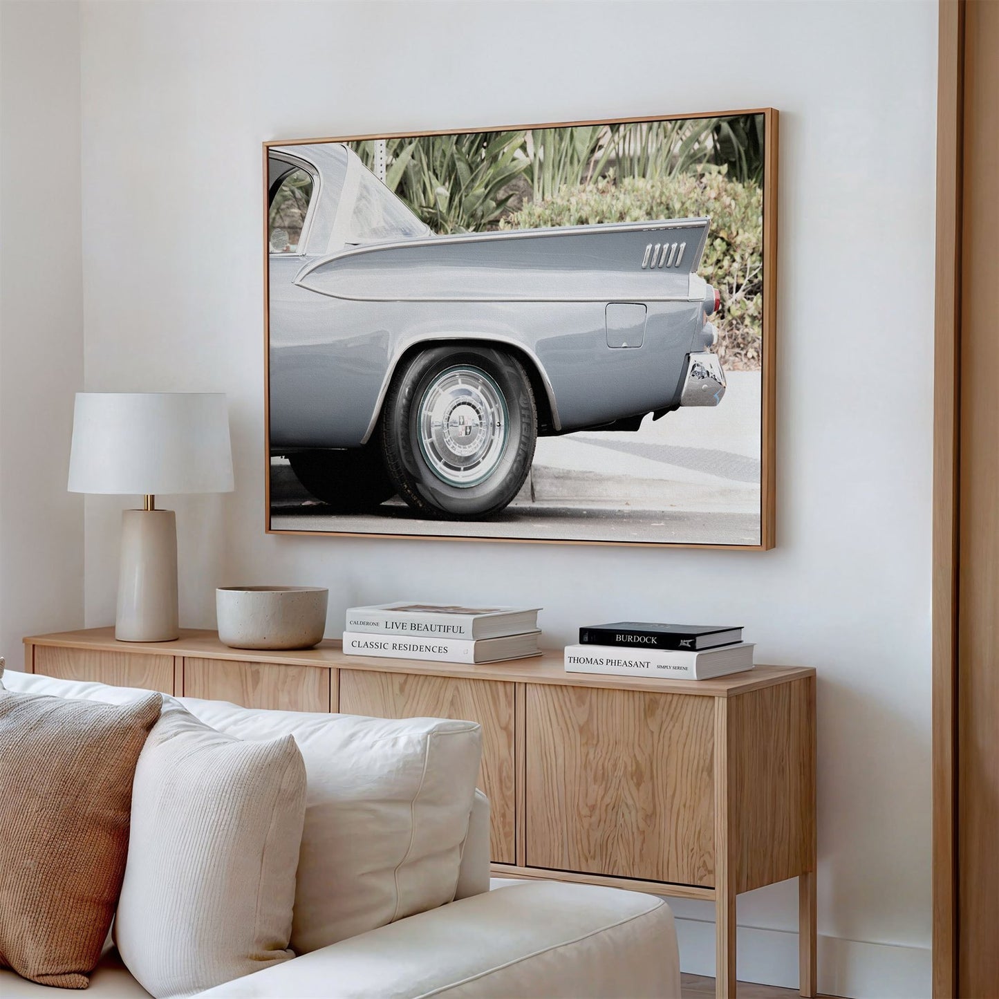 Framed canvas photo of: Dodge Coronet 7783 displayed on a wall above a couch.