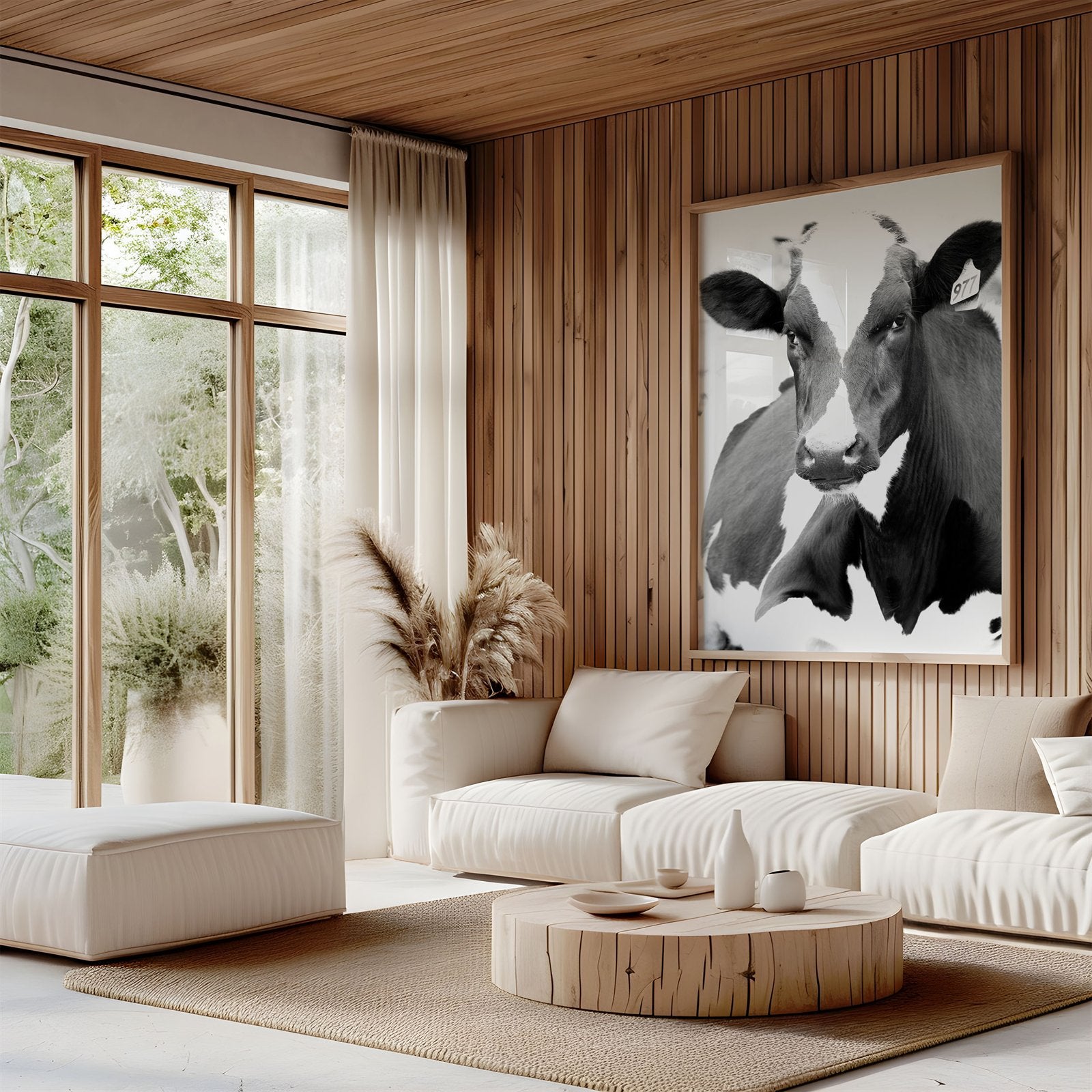 Framed photo of: Cow 7199 displayed on a wall in a modern living room. 