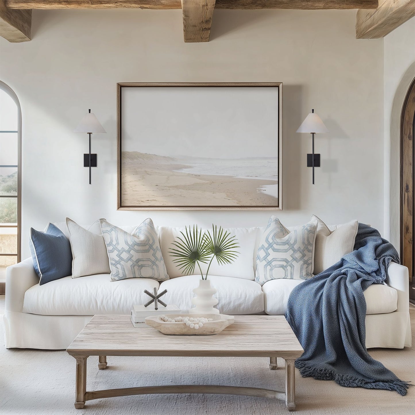 Framed photo of: Salmon Creek Beach 7569 displayed in a coastal living room above a couch.