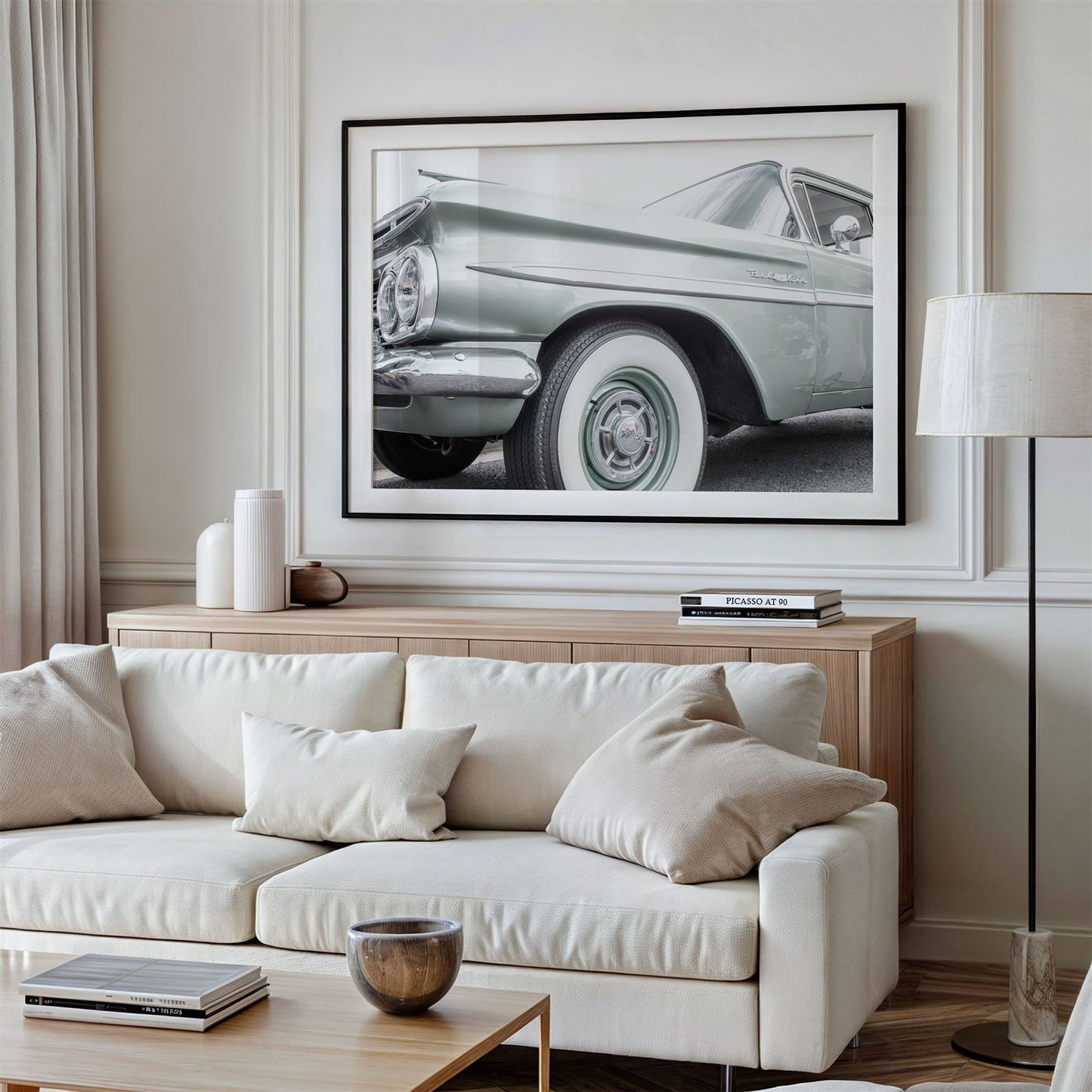 Framed photo of: Bel Air 7855 displayed above a couch in a living room.
