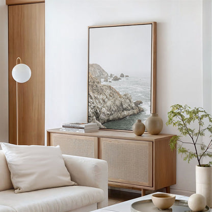 Canvas framed photo of: Bodega Head 7724 in a living room above a console.