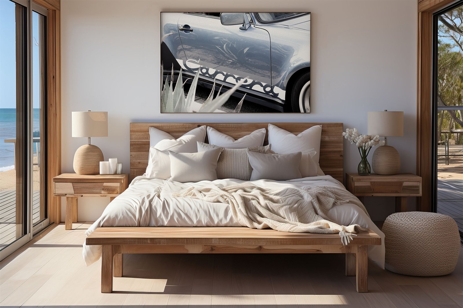 Framed photo of: Porsche Carrera 8334 displayed on a wall above a bed in a neutral bedroom.