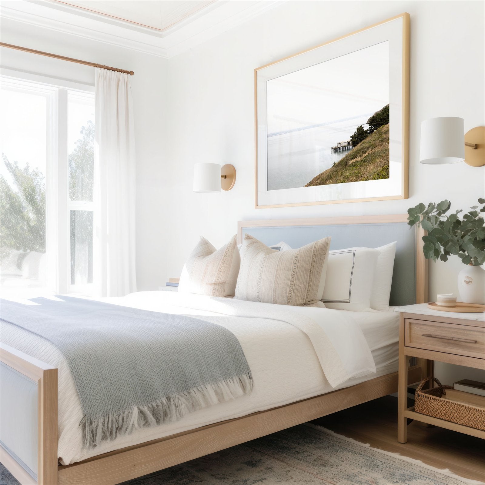 Framed photo of: Point Reyes 7376 displayed above a bed in a coastal bedroom.