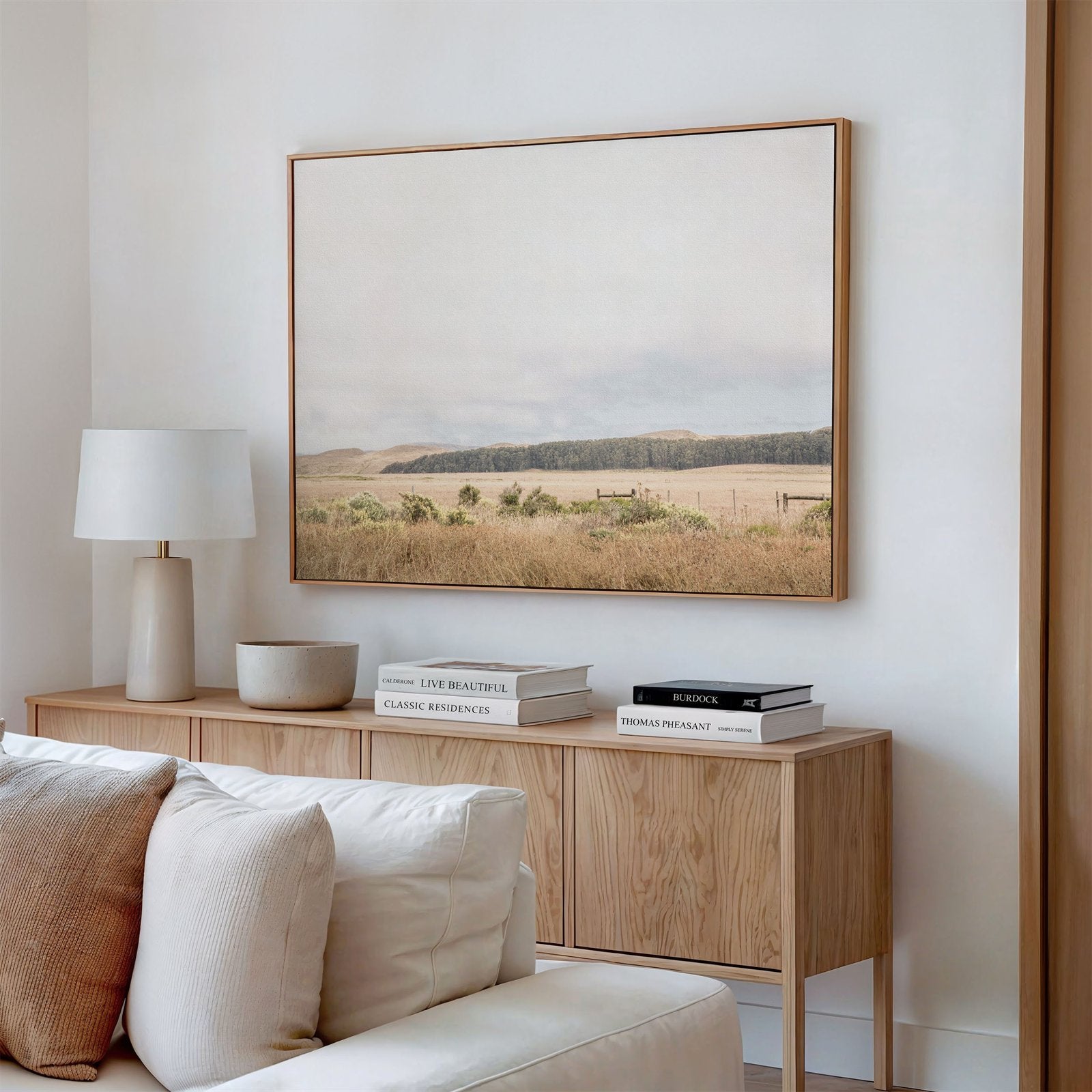 Canvas framed photo of: Point Reyes 7153 in a modern living room above a couch.