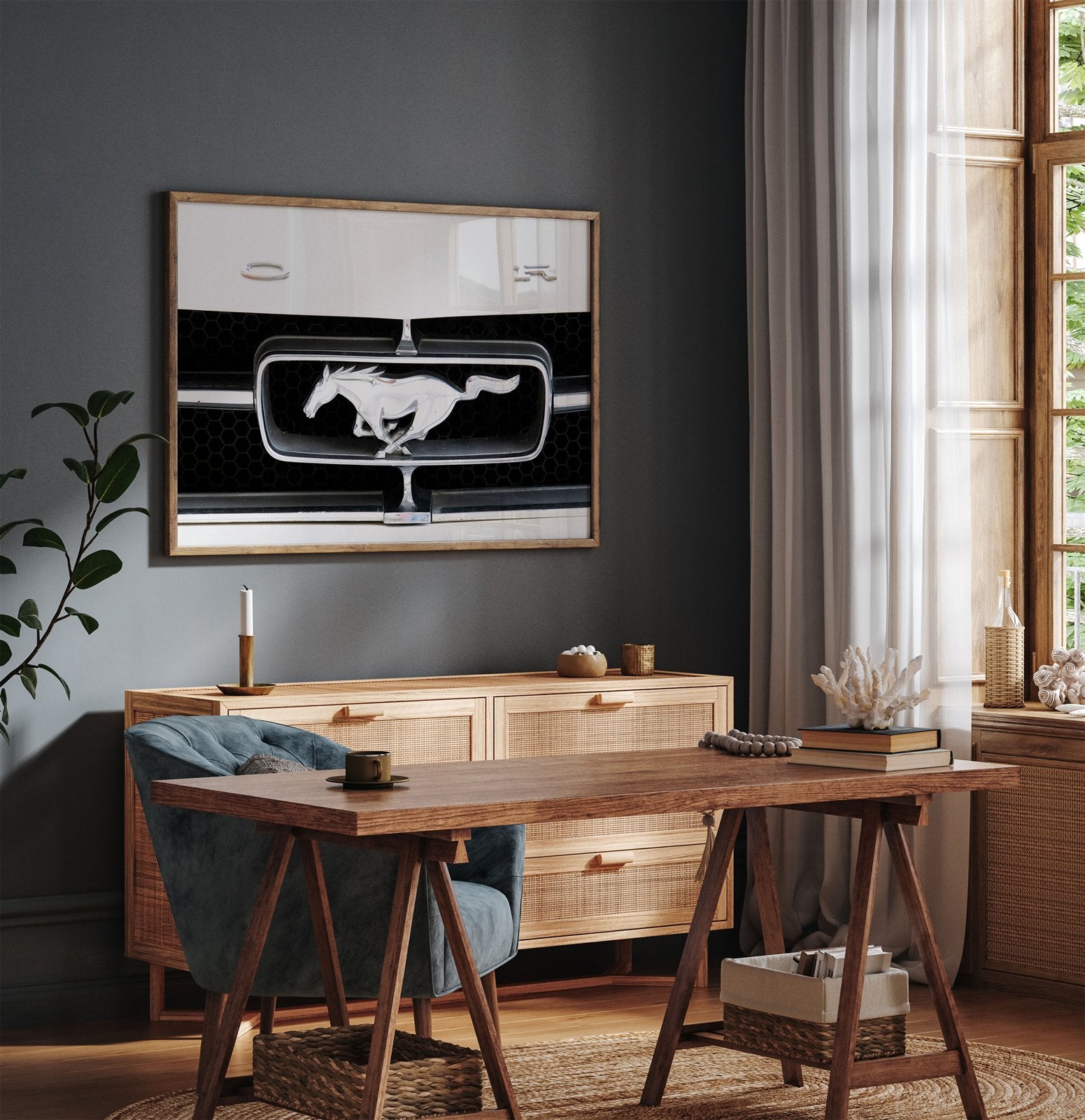 Framed photo of: Ford 8021 displayed above a desk in a moody office.