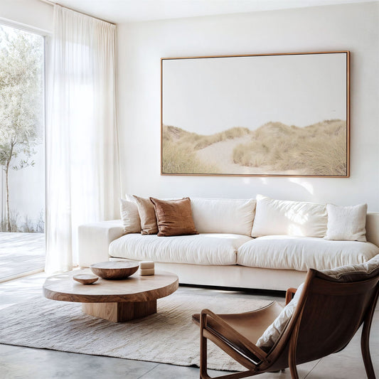 Framed photo of: Salmon Creek Beach 7625 displayed above a couch in a living room 