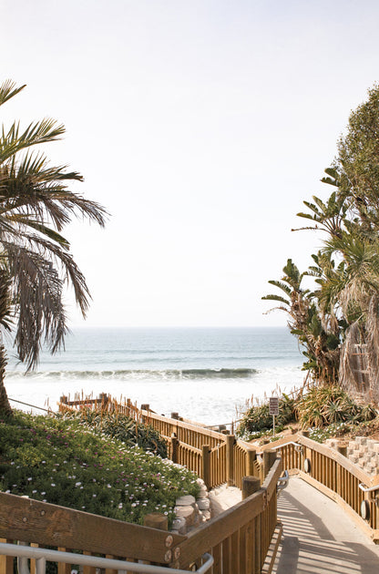 Photography by Kim Dybczak of: A stairway descends toward the beach with palm trees and ocean beyond.
