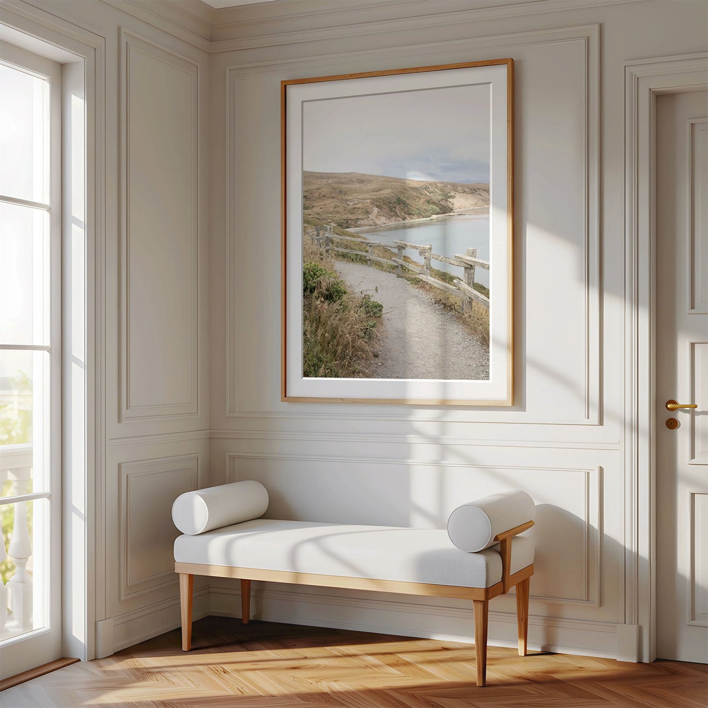 Framed photo of: Drakes Bay 7374 displayed above a bench in luxury hallway.