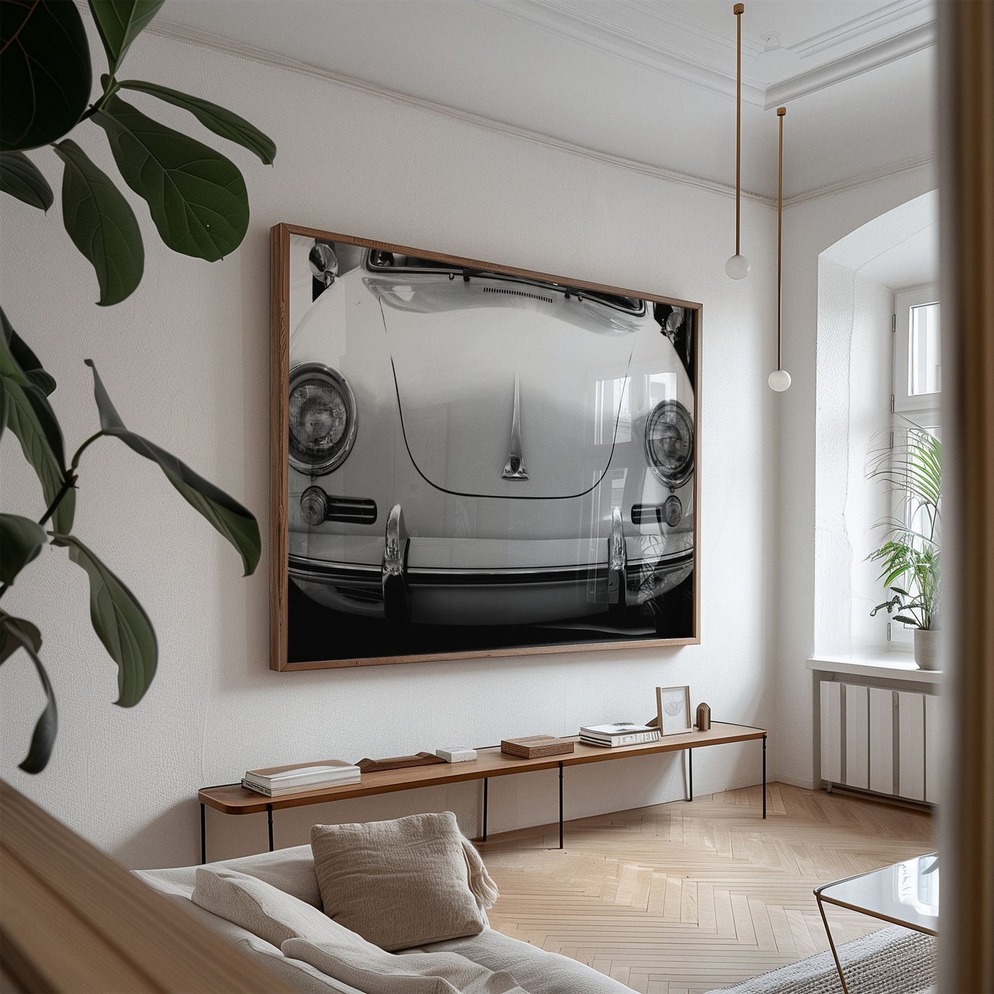 Oversized framed photo of: Porsche 8258 displayed above a console in a modern room.