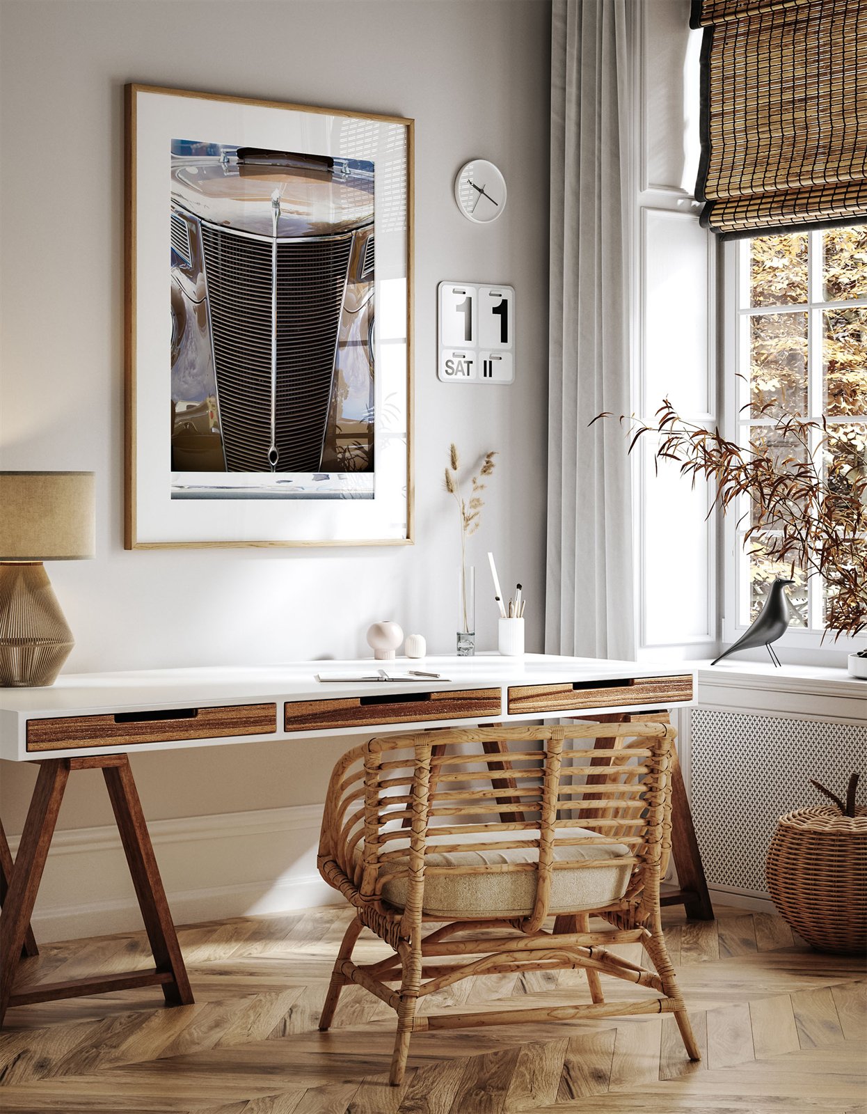 Framed photo of: Ford 7803 displayed above a desk in an office.