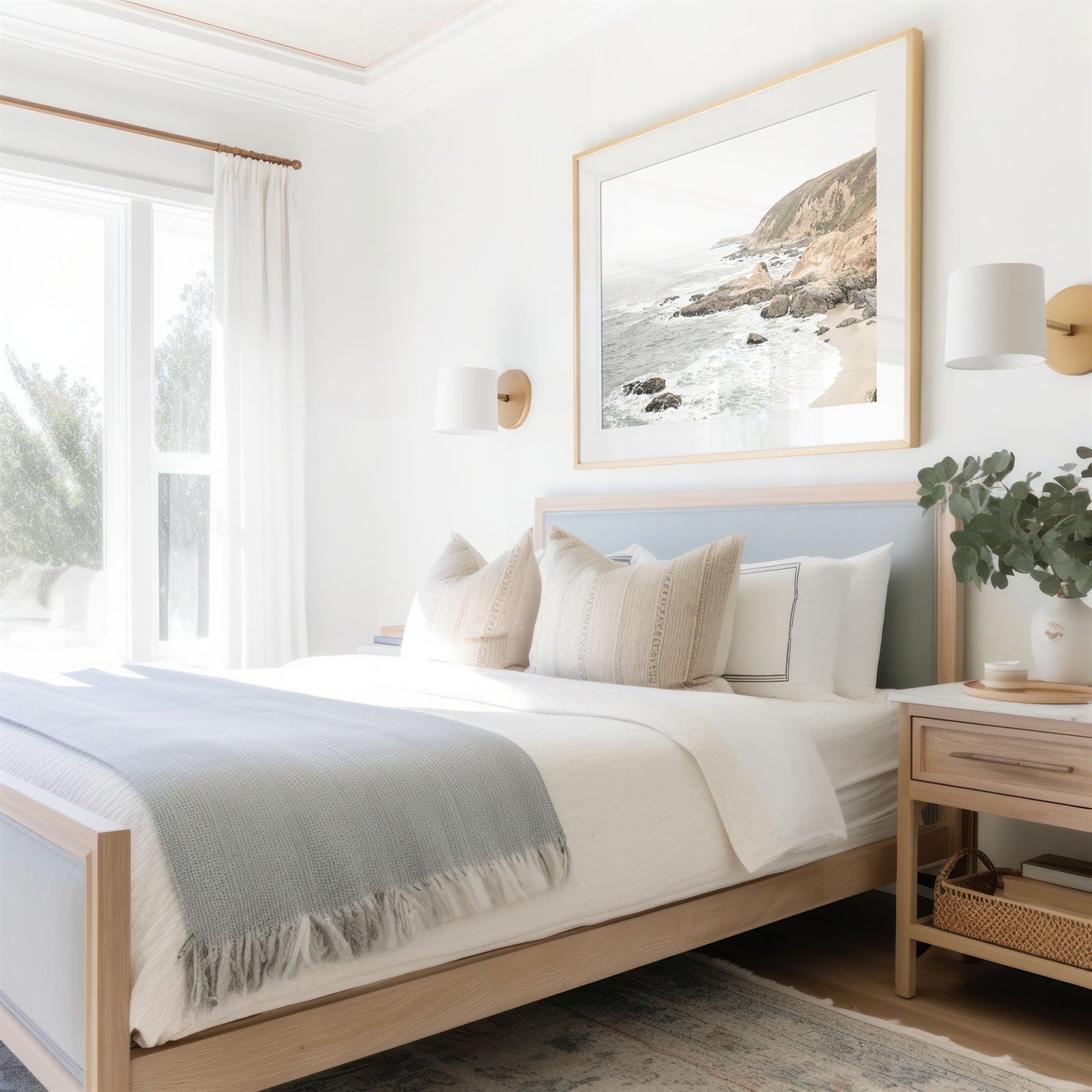 Framed photo of: Bodega Head 7711 displayed above a bed.