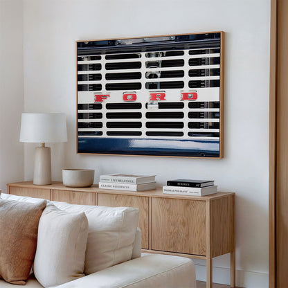 Framed canvas photo of: Ford 8030 displayed on a wall above a couch in a modern living room.