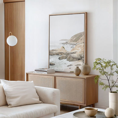 Canvas framed photo of: Bodega Head 7708 displayed above a console. 