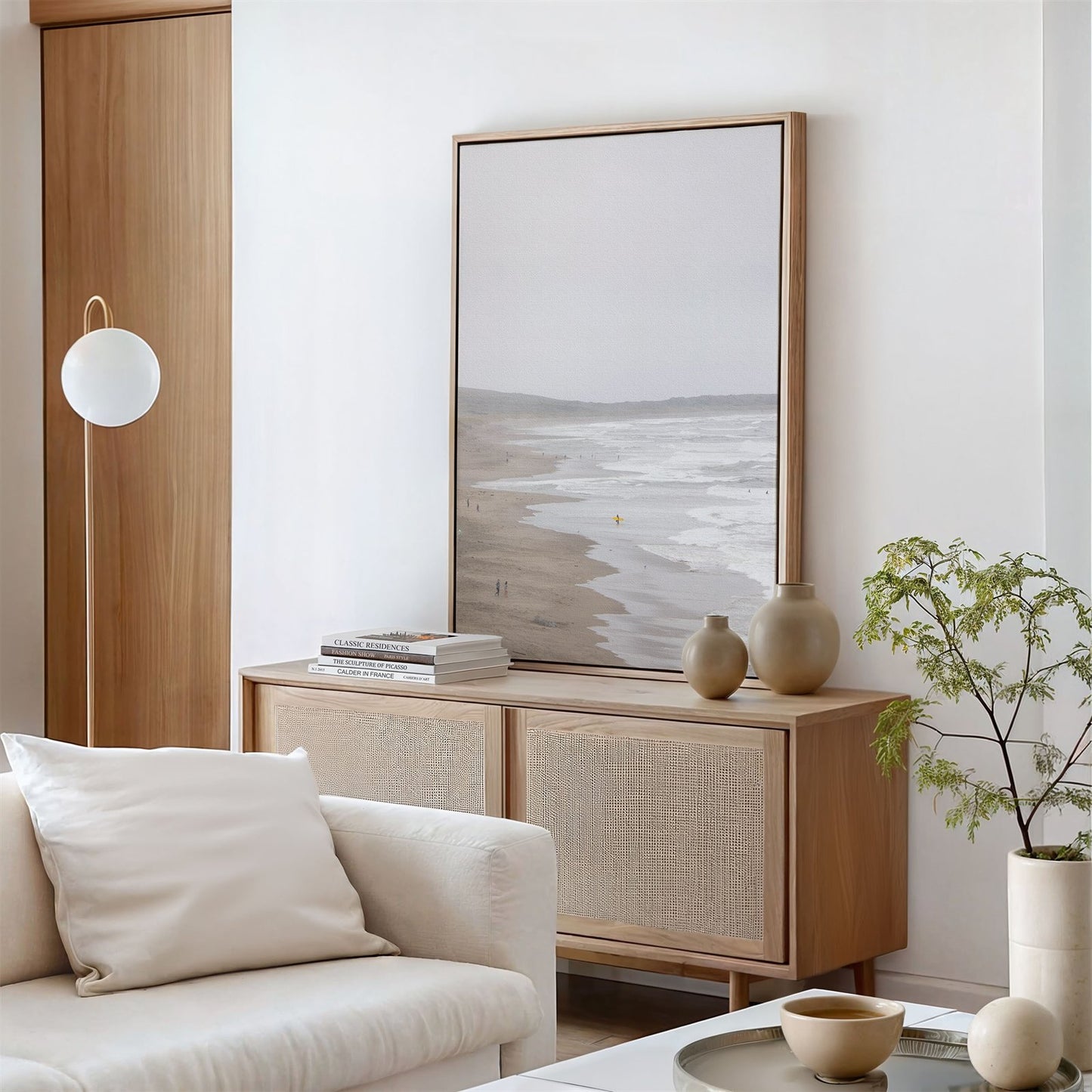 Framed canvas photo of: Salmon Creek Beach 7523 displayed on a living room wall above a console.