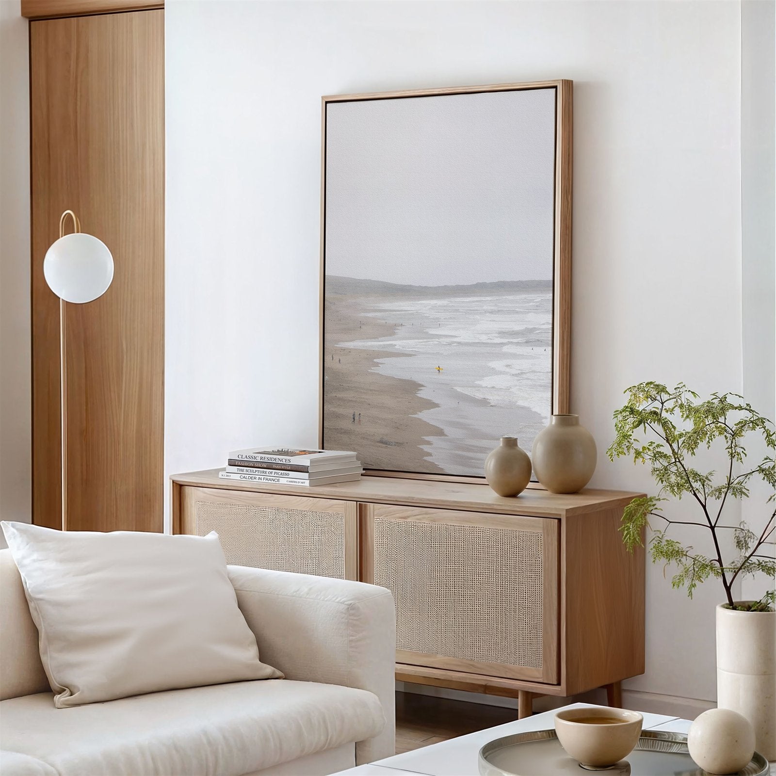 Framed canvas photo of: Salmon Creek Beach 7523 displayed on a living room wall above a console.