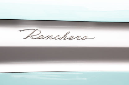 Photography by Salt Creek Prints of: Ranchero 7781, Close up image of the Ranchero logo from a vintage Ford Ranchero.