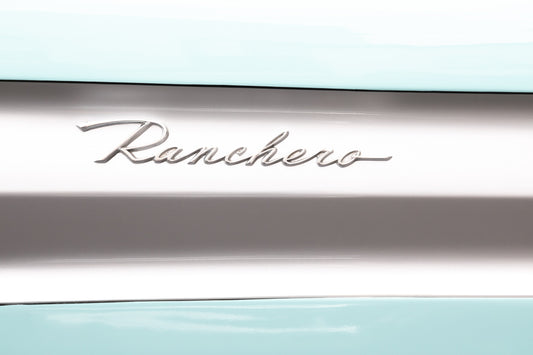 Photography by Salt Creek Prints of: Ranchero 7781, Close up image of the Ranchero logo from a vintage Ford Ranchero.