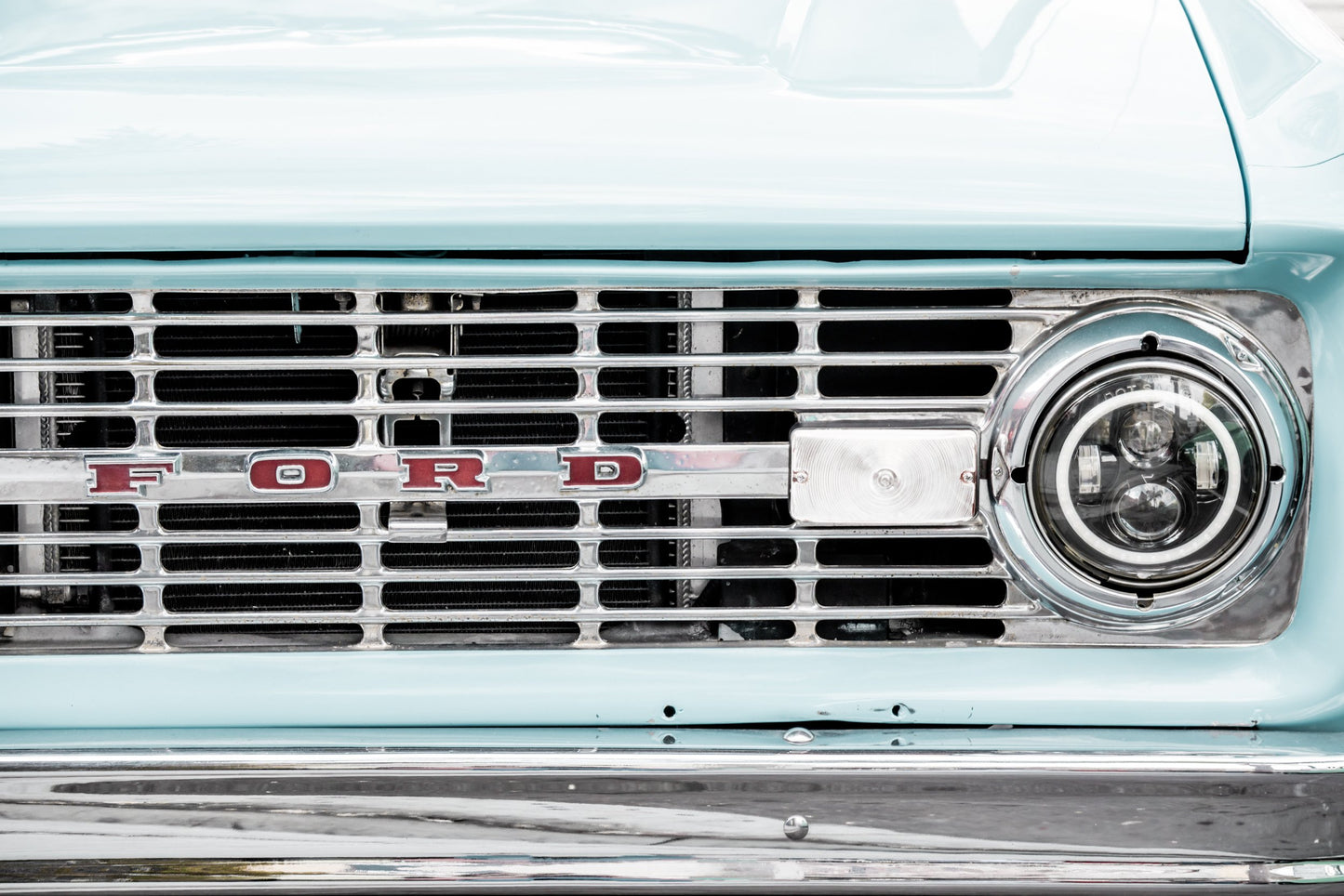 Photography by Salt Creek Prints of: Vintage Ford 7815, Close up image of the grill of a vintage Ford truck.