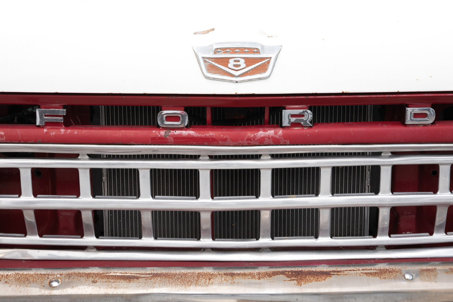 Photography by Salt Creek Prints of: Ford Truck 8384, Close up image of the grill of a Ford F-Series 1960 pickup.