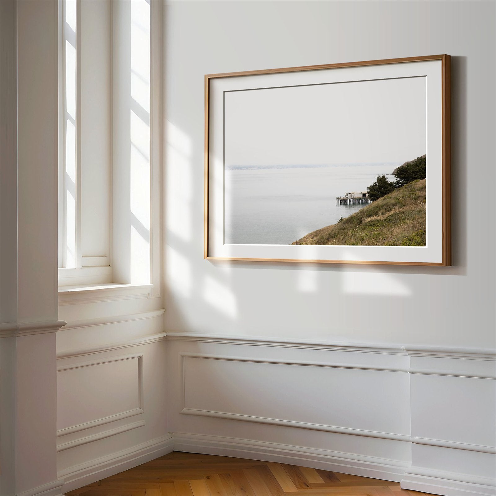Framed photo of: Point Reyes 7376 displayed on a wall in a luxury hallway.