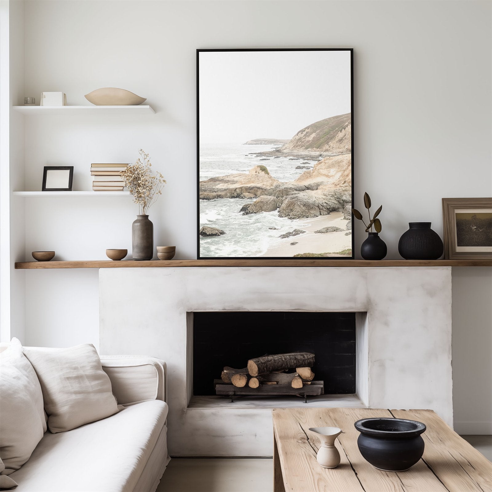 Framed photo of: Bodega Head 7708 displayed above a fireplace in a living room.