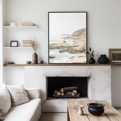 Framed photo of: Bodega Head 7708 displayed above a fireplace in a living room.
