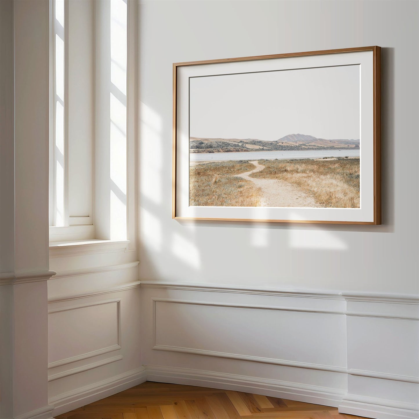 Framed photo of: Tomales Bay 7149 displayed on a wall in a luxury hallway.