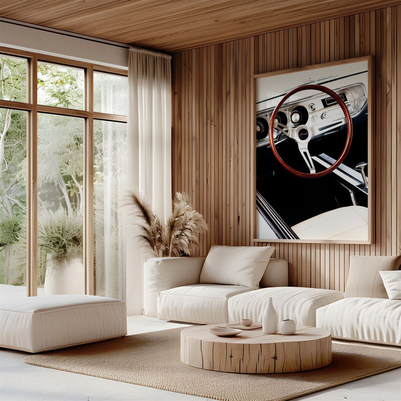 Oversized framed photo of: Chevelle 7916 displayed on a wall above a couch in a modern neutral room.