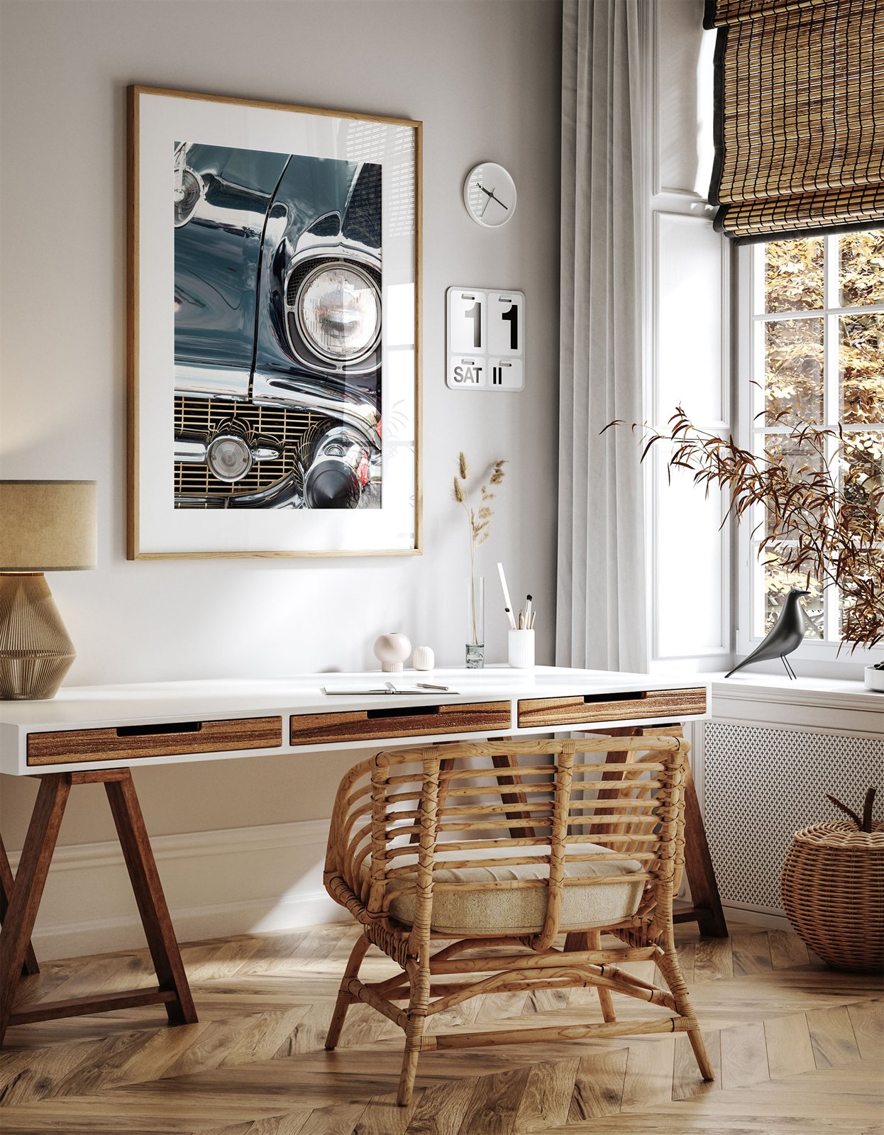 Framed photo of: Chevrolet 7808 displayed above a desk in a neutral office.