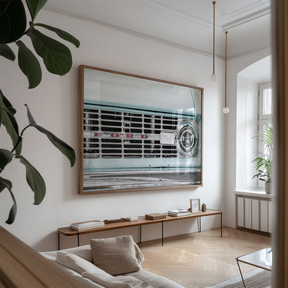 Oversized framed photo of: Vintage Ford 7815 displayed above a console in a modern living room.