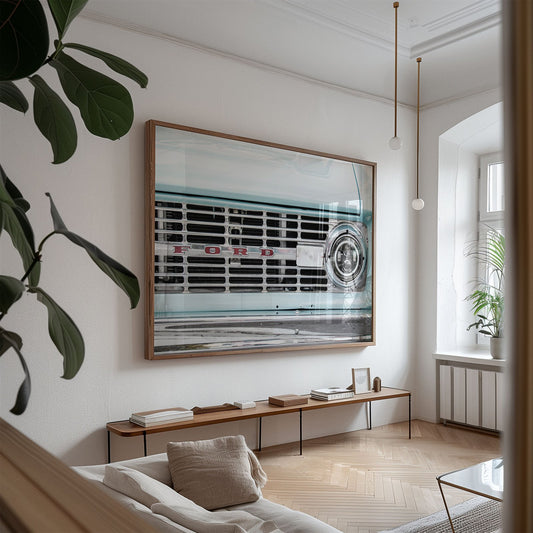 Oversized framed photo of: Vintage Ford 7815 displayed above a console in a modern living room.
