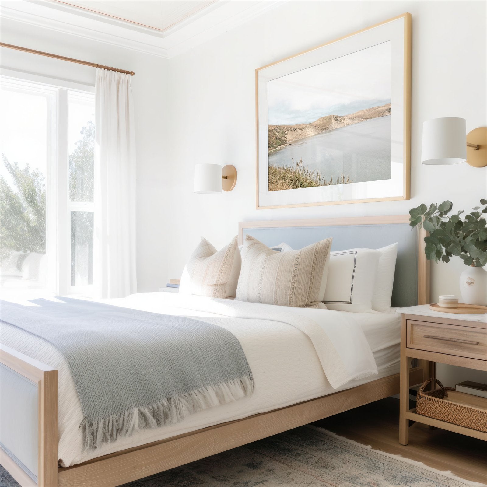 Framed photo of: Drakes Bay 7383 displayed above a bed in a coastal bedroom.