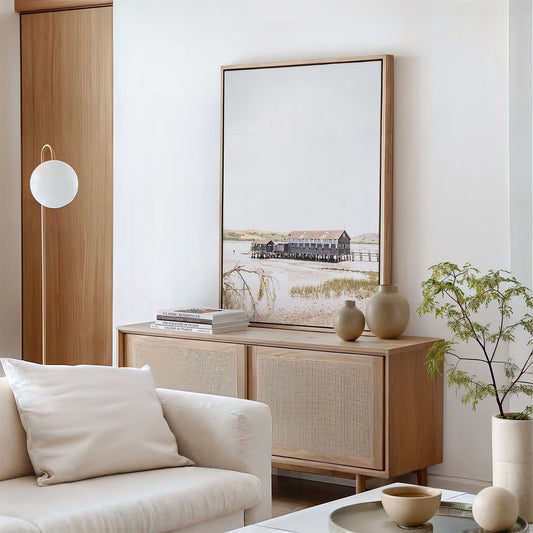 Canvas framed photo of: Tomales Bay 7142 displayed above a console in a living room.