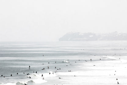Surfers in the ocean at Del Mar, California, with a grainy hazy feel, by Salt Creek Prints