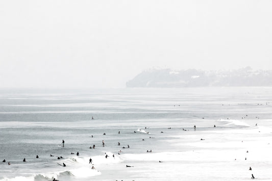 Surfers in the ocean at Del Mar, California, with a grainy hazy feel, by Salt Creek Prints