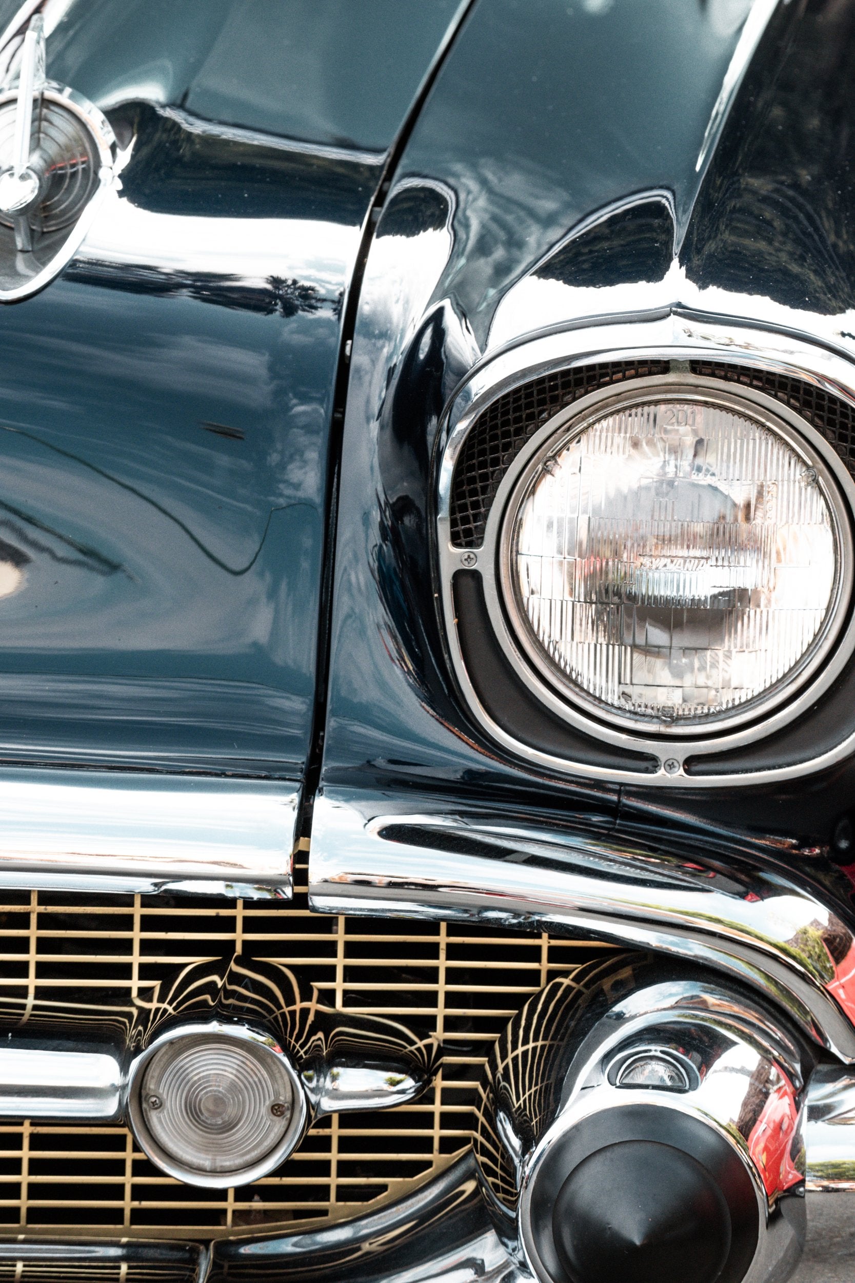Photography by Salt Creek Prints of: Chevrolet 7808, Close up image of the front of a classic Chevrolet.