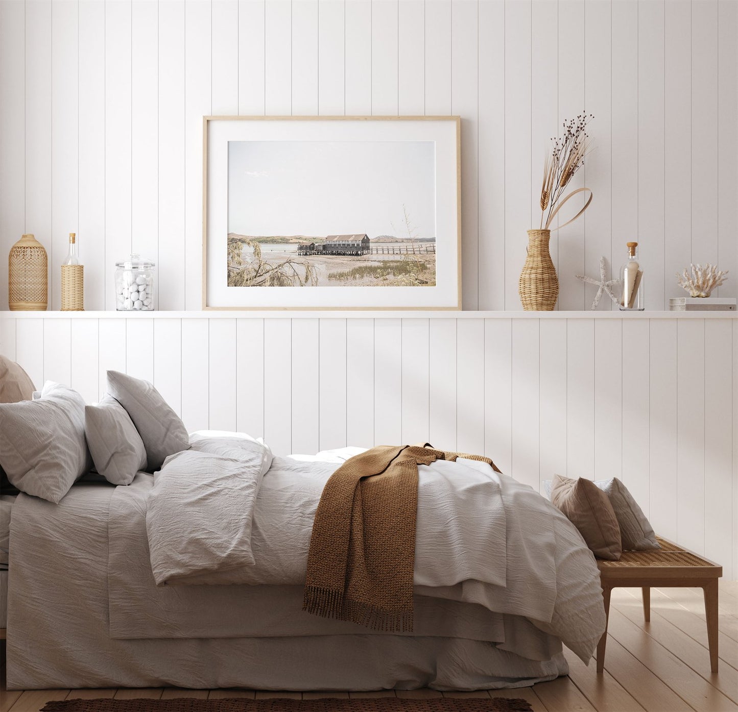 Framed photo of: Tomales Bay 7146 displayed on a wall in a bedroom.