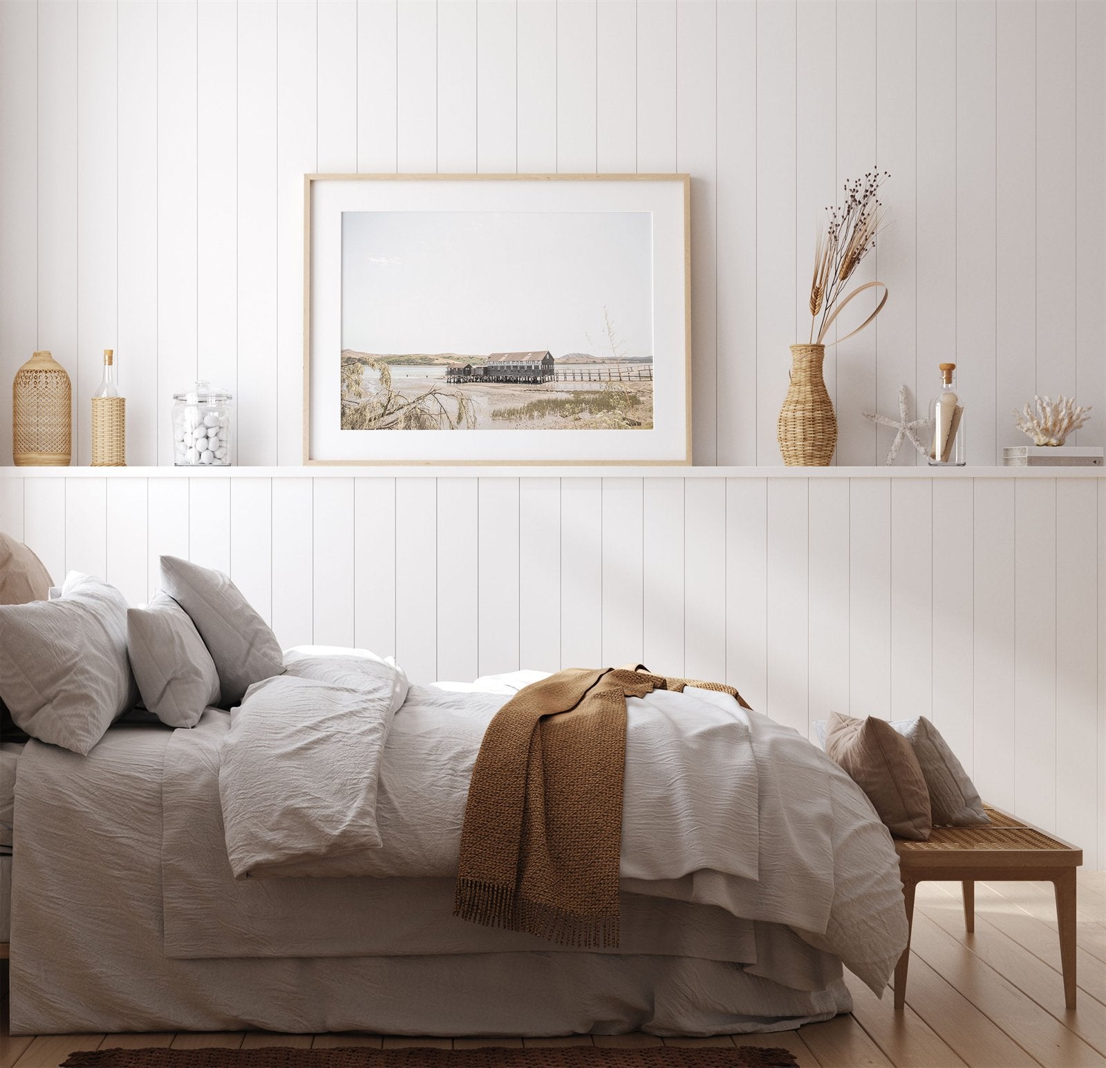Framed photo of: Tomales Bay 7146 displayed on a wall in a bedroom.