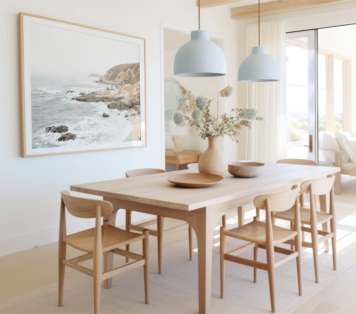 Framed photo of: Bodega Head 7711 displayed on a wall in a coastal dining room. 
