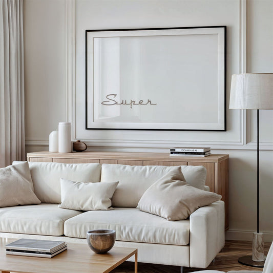 Framed photo of: Super 7772 displayed on a living room wall above a couch in a modern living room.