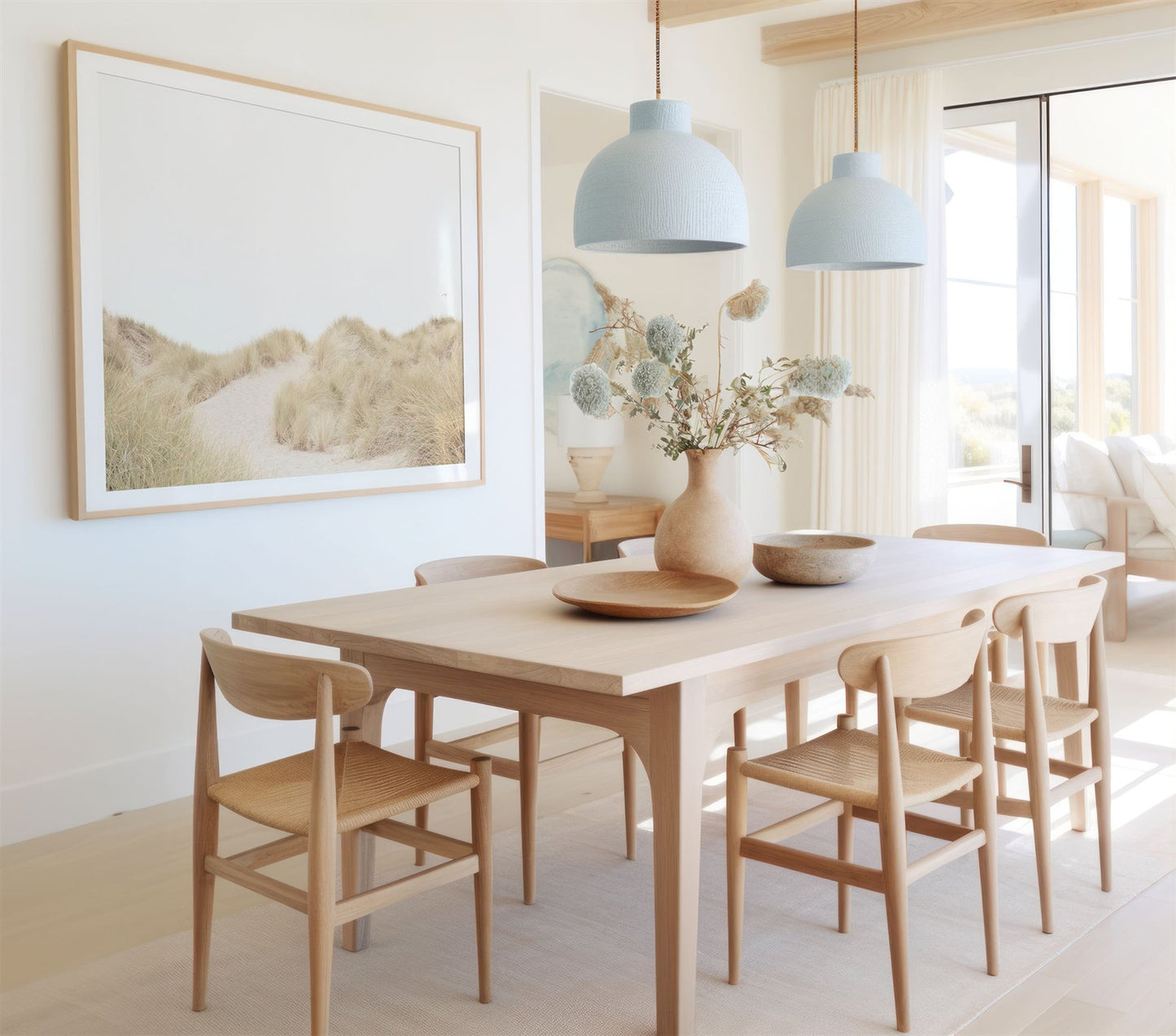 Framed photo of: Salmon Creek Beach 7625 displayed in a coastal dining room.