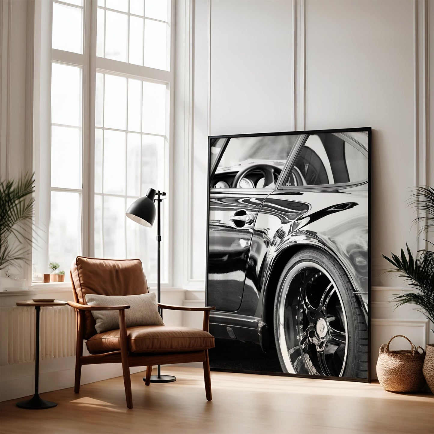 Framed photo of: Porsche 8346 displayed leaning against a wall in a modern loft.