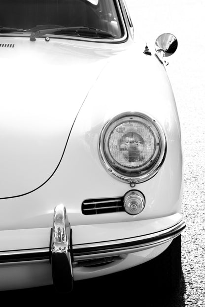 Photography by Salt Creek Prints of: Porsche 8259, Close up image of the front of a classic vintage Porsche in black and white.