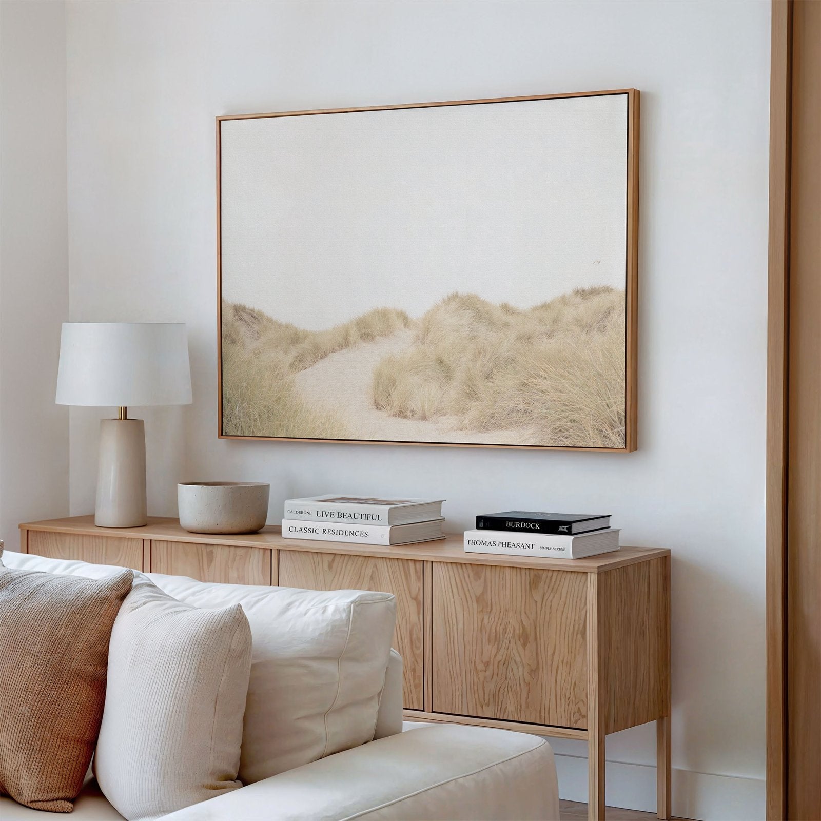 Canvas framed photo of: Salmon Creek Beach 7625 in a living room above a couch.