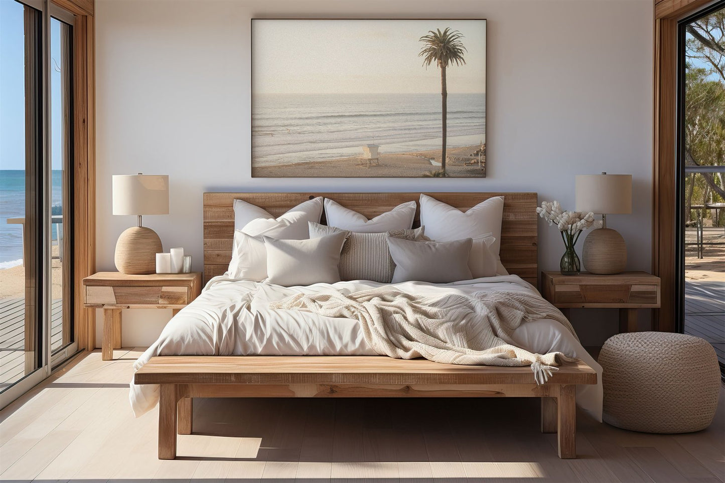 Framed photo of: Moonlight Beach 9130 displayed above a bed in a neutral coastal bedroom.
